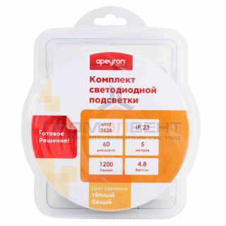 10-11 Комплект светодиодной ленты 12В с аксессуарами (блок, коннектор), smd 3528, 60 д/м, IP20, 5м, теплый белый